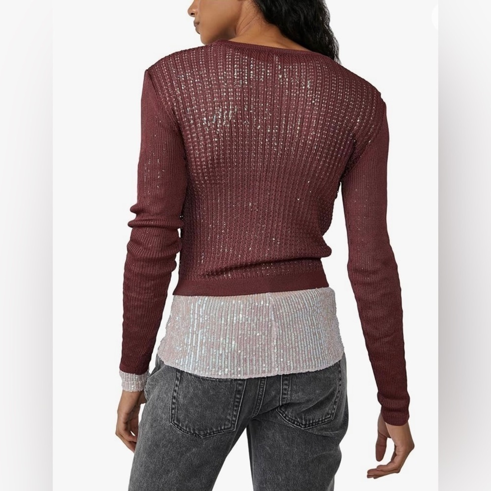 Free People H20 Crew Pullover Sweater Womens Open Knit Ribbed Mesh Sz Medium - Picture 6 of 13